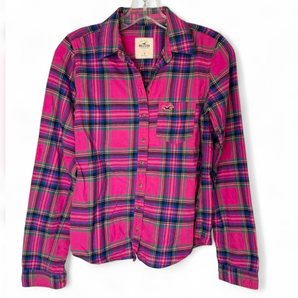 Hollister Pink Plaid Flannel Shirt Women’s Small Button Front Cotton Preppy